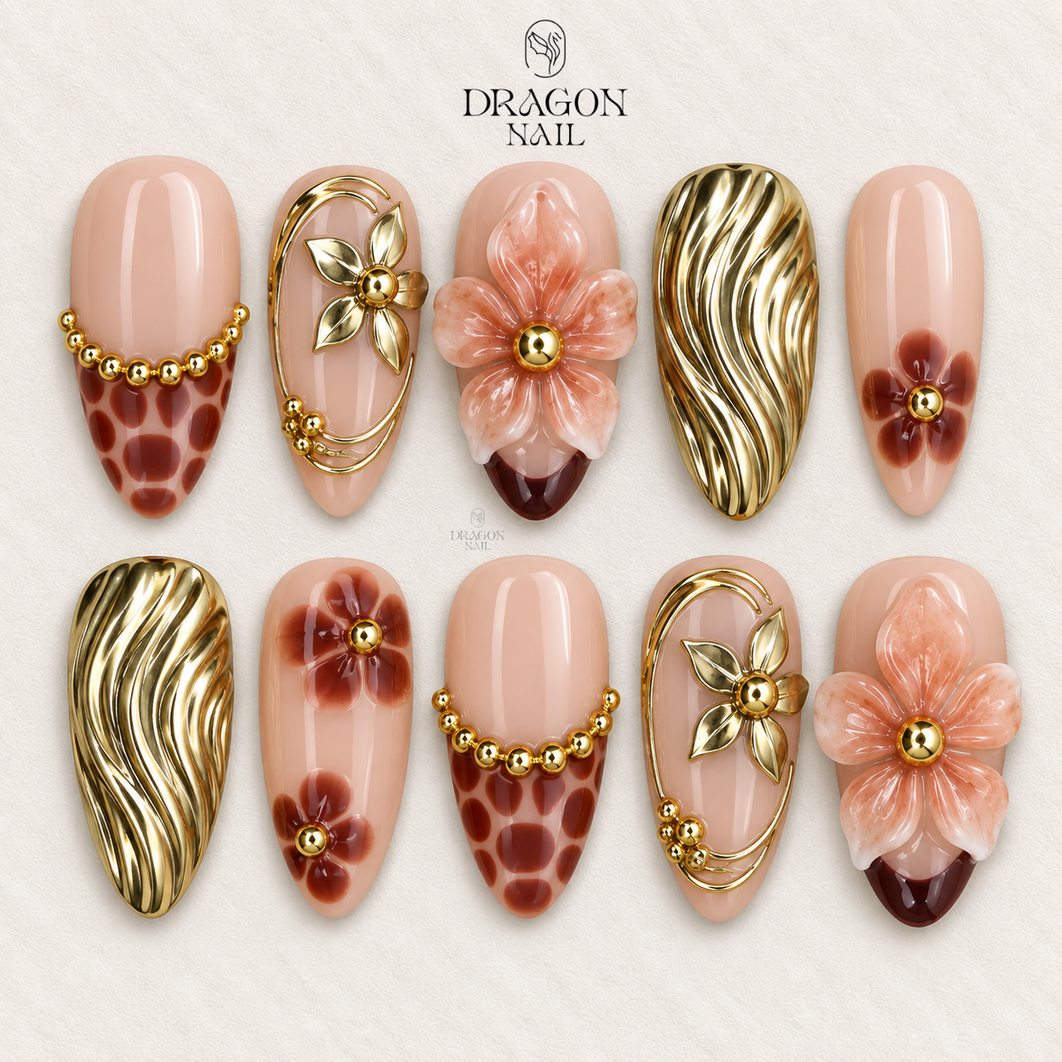 Mocha Bloom Gold Floral Accent Press On Nails
