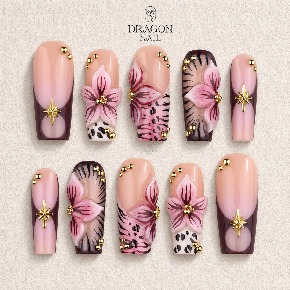 Mocha Floral Gold Accent Press On Nails