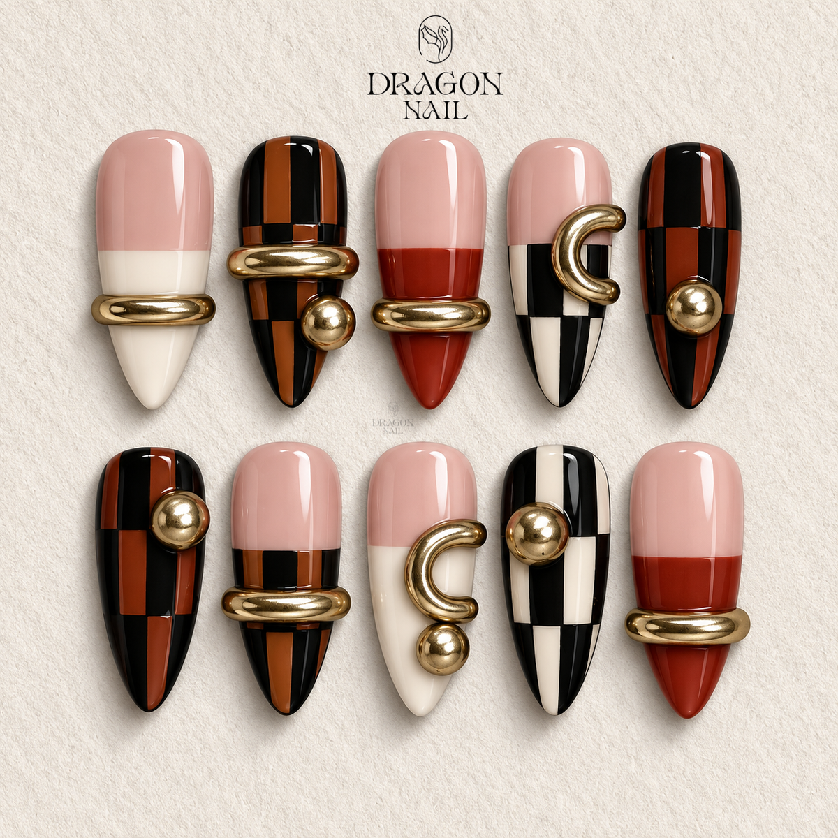 Modern Checkered Gold Press On Nails