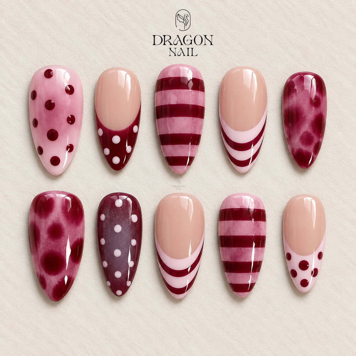 Mulberry Pink Polka Dot Kawaii French Press On Nails