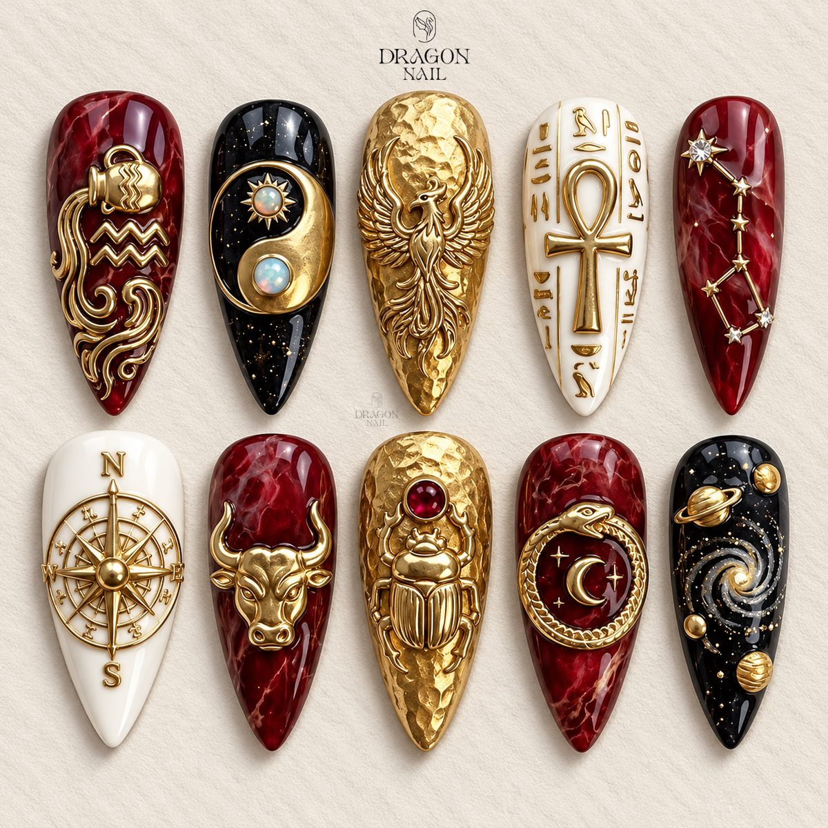 Mystic Phoenix Rebirth Gold 3D Press On Nails