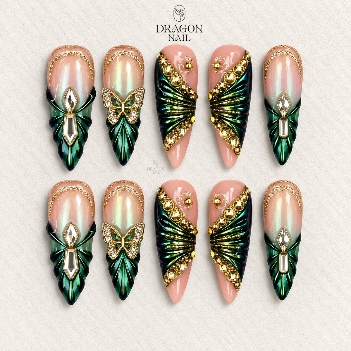 Mystical Forest Elf Green Fairy Wing Stiletto Press On Nails