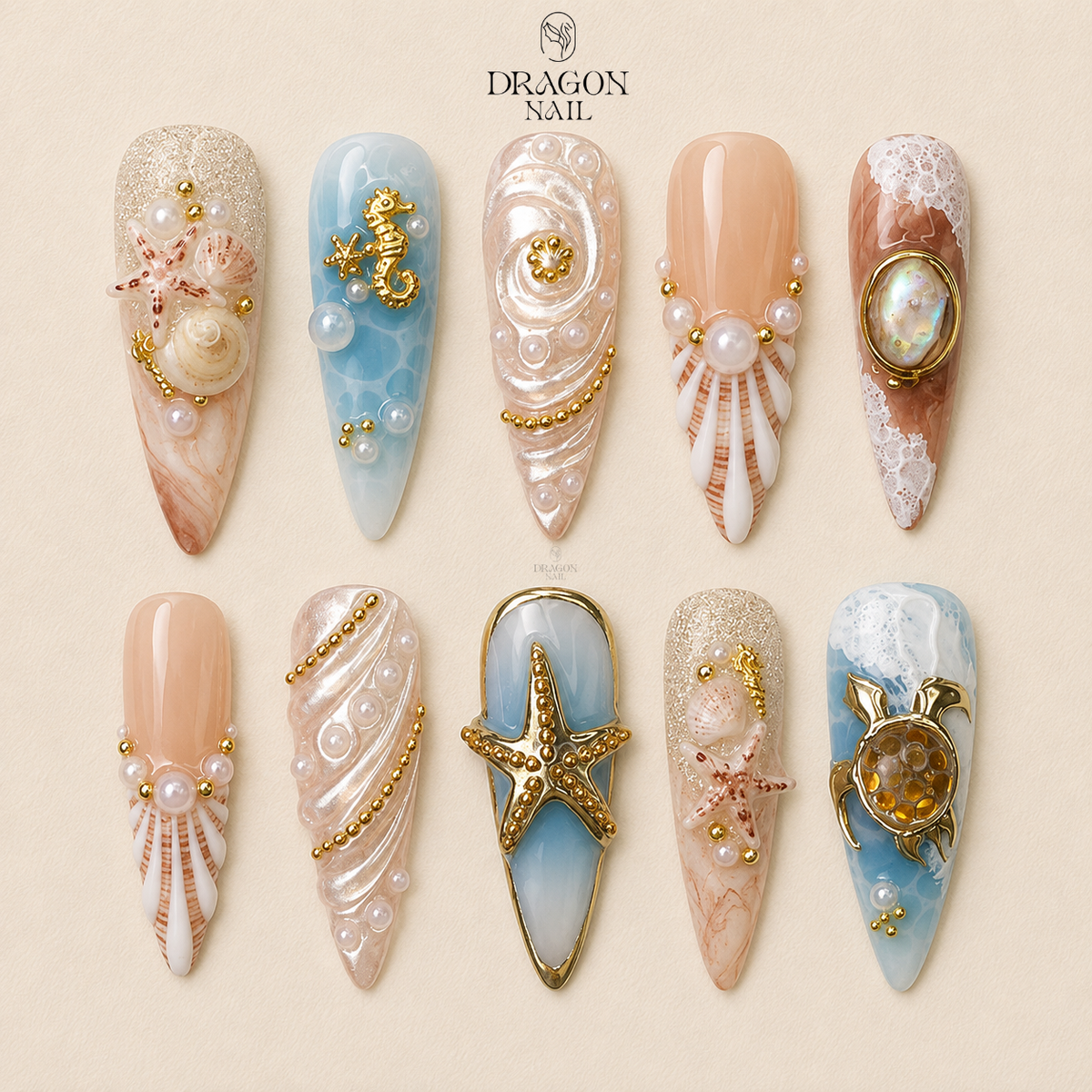 Ocean Inspired 3D Turtle & Starfish Almond Press On Nails