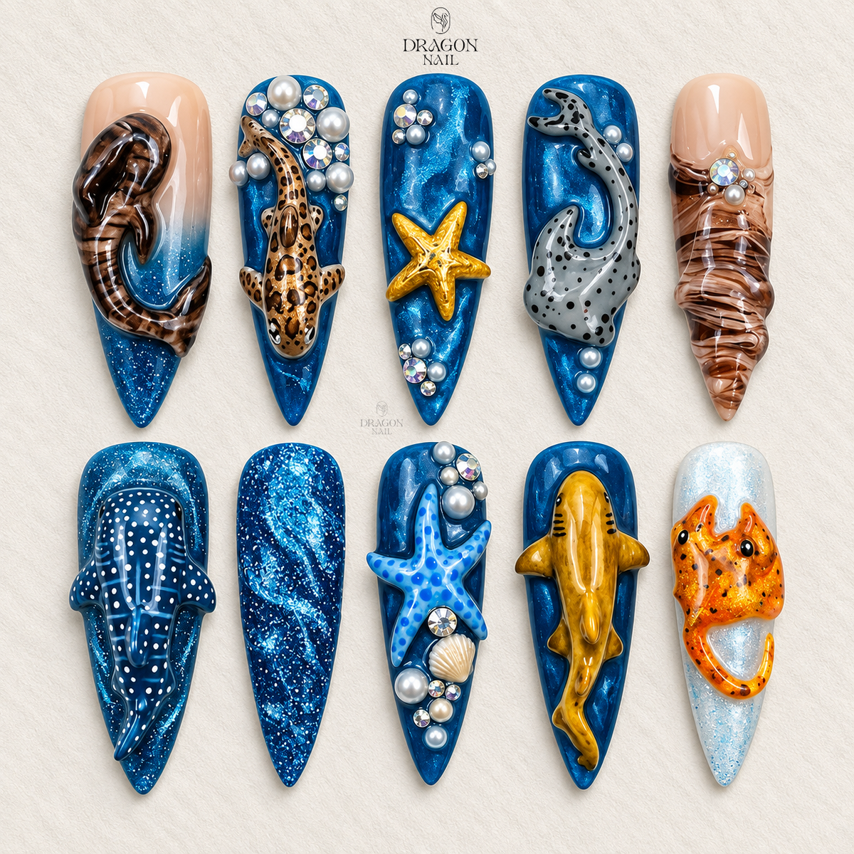 Ocean Shark Starfish Shell Marine Press On Nails