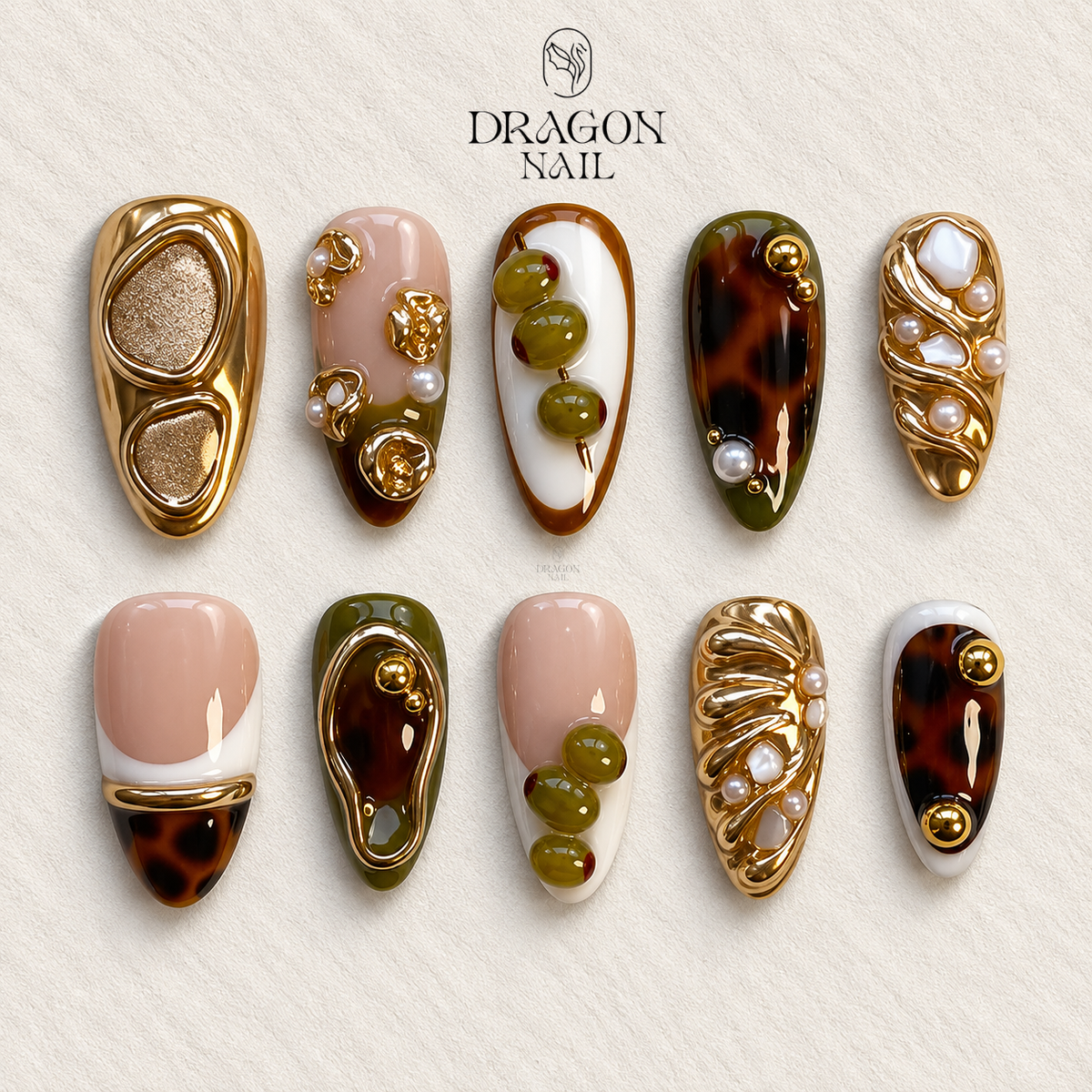 Olive Green French Tip Gold Chrome Martini Aesthetic Press On Nails