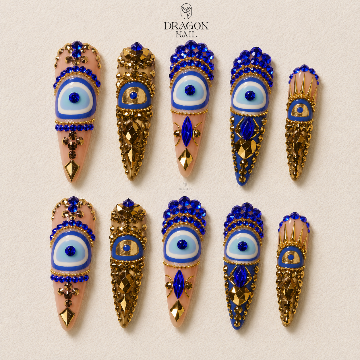 Ornate Blue Gold Press On Nails
