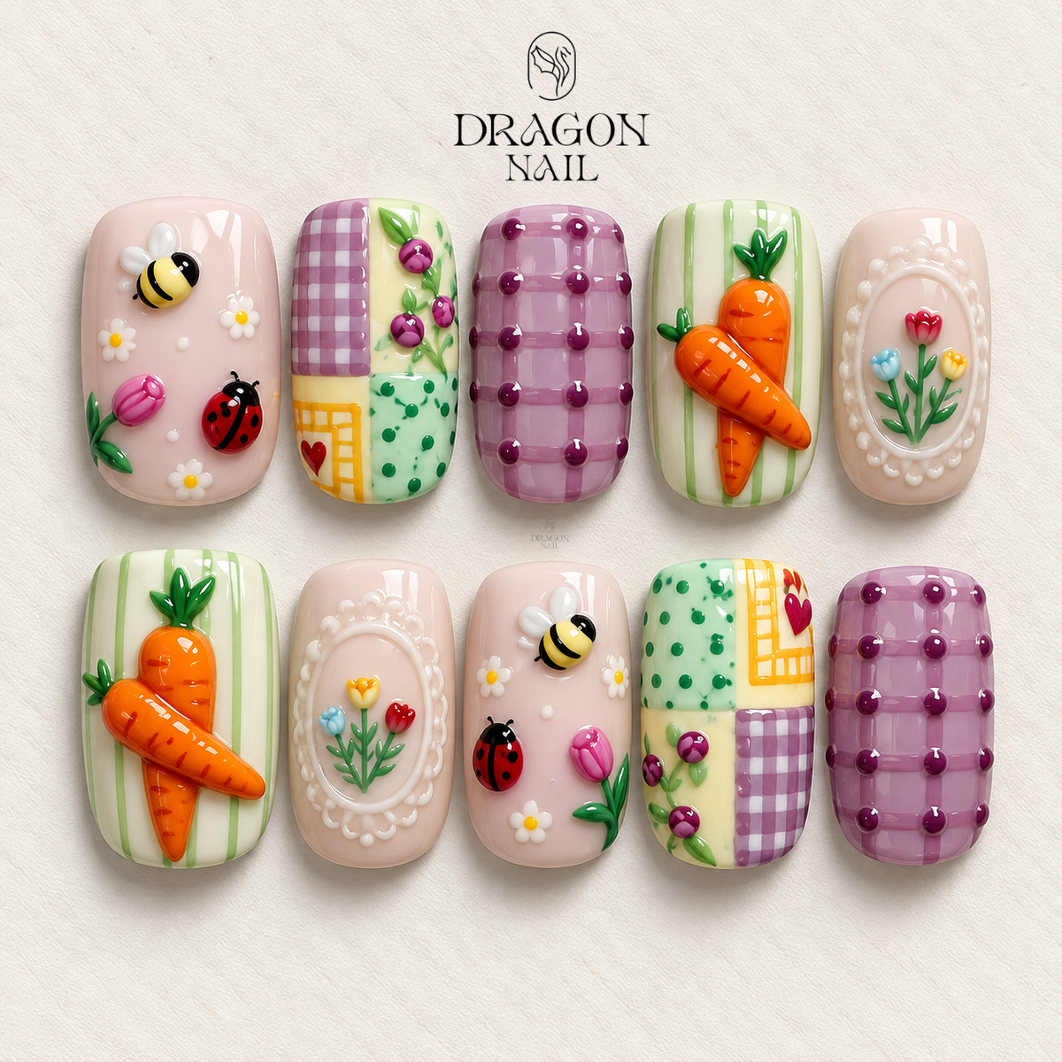 Pastel Cottagecore Garden Bee Ladybug Quilt Floral Press On Nails