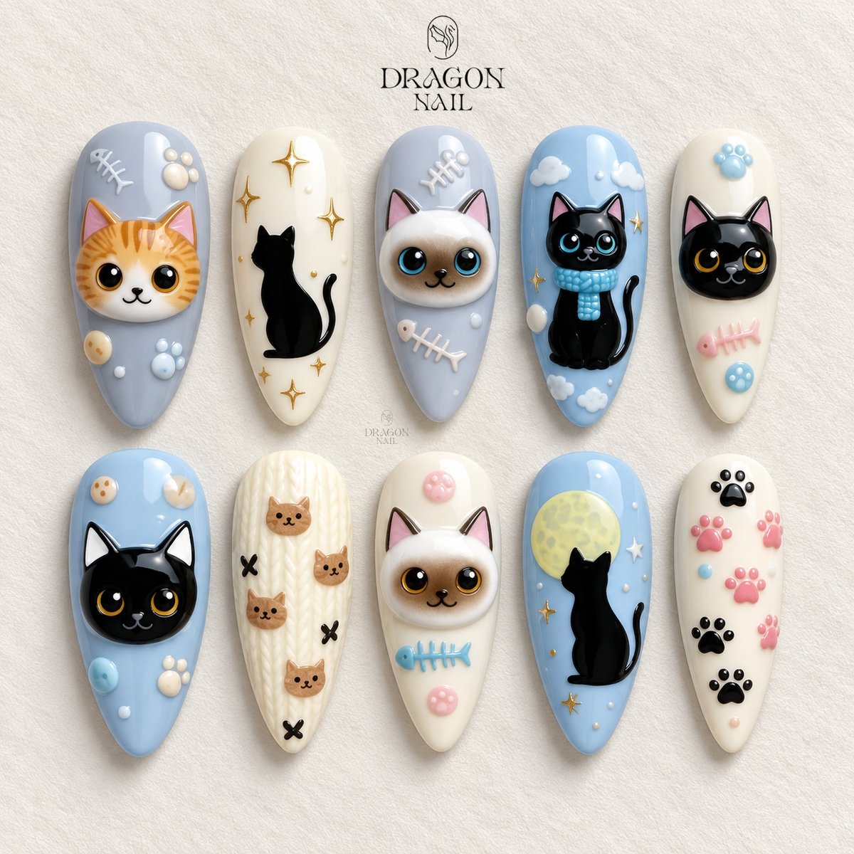 Pastel Blue Kawaii Kitty Cute Playful Press On Nails
