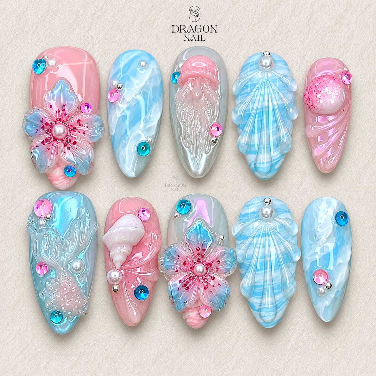 Pastel Ocean Shell Pearl 3D Summer Press On Nails