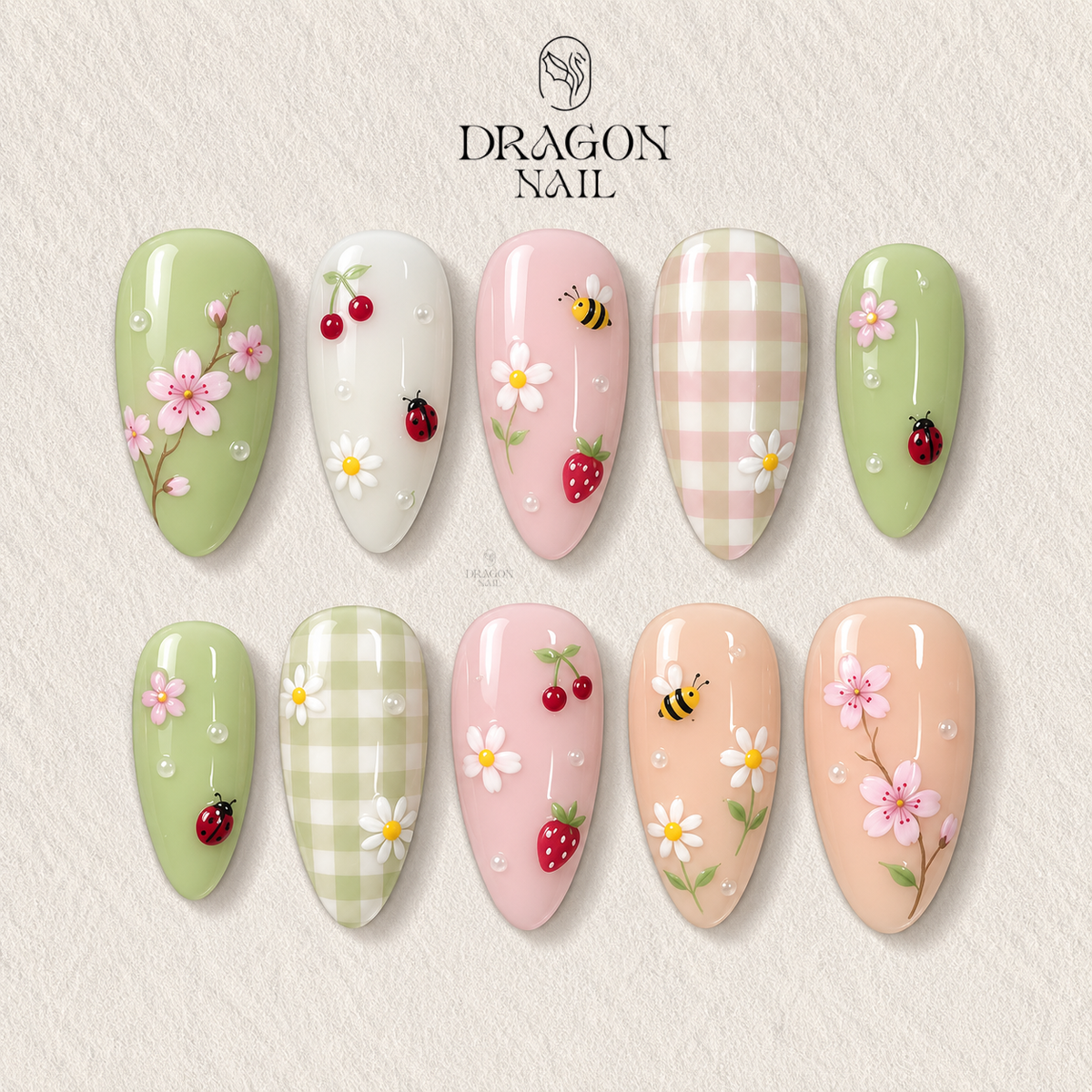 Pastel Spring Garden Floral Bee Gingham Press On Nails