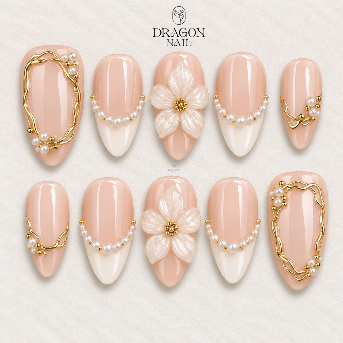Pearl Bloom Floral Gold Frame Press On Nails