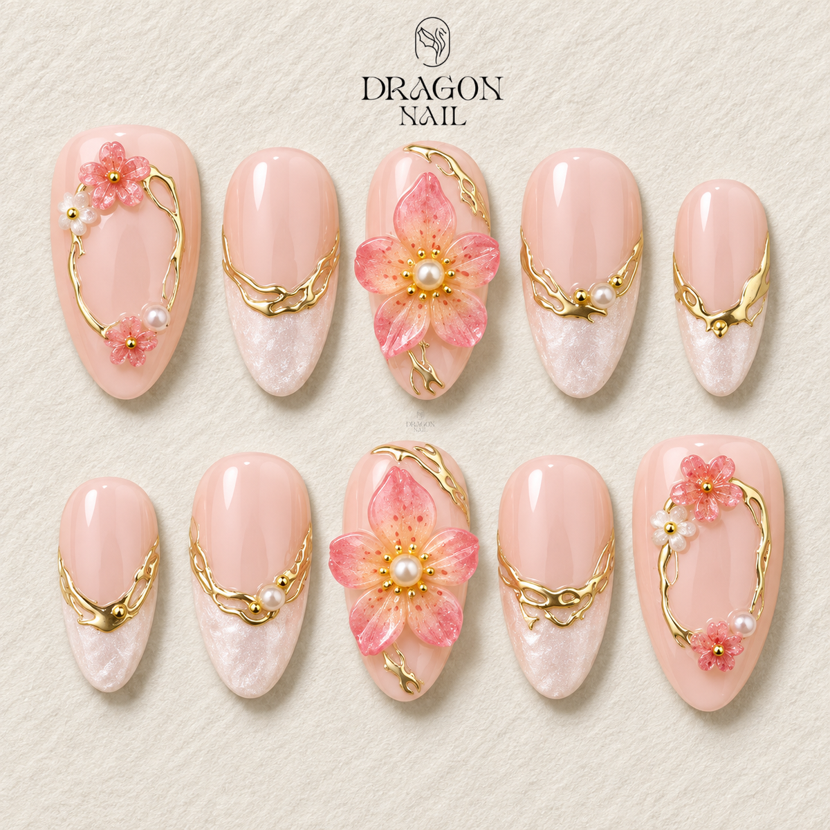 Petal Glow Floral Pearl Gold Frame Press On Nails
