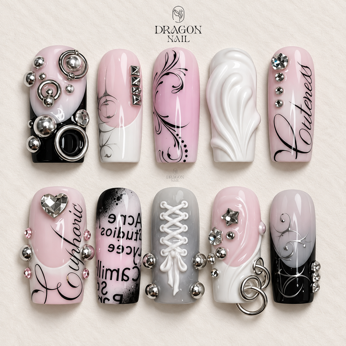 Pink Black Cyber Sigilism Y2K Gothic Abstract Press On Nails