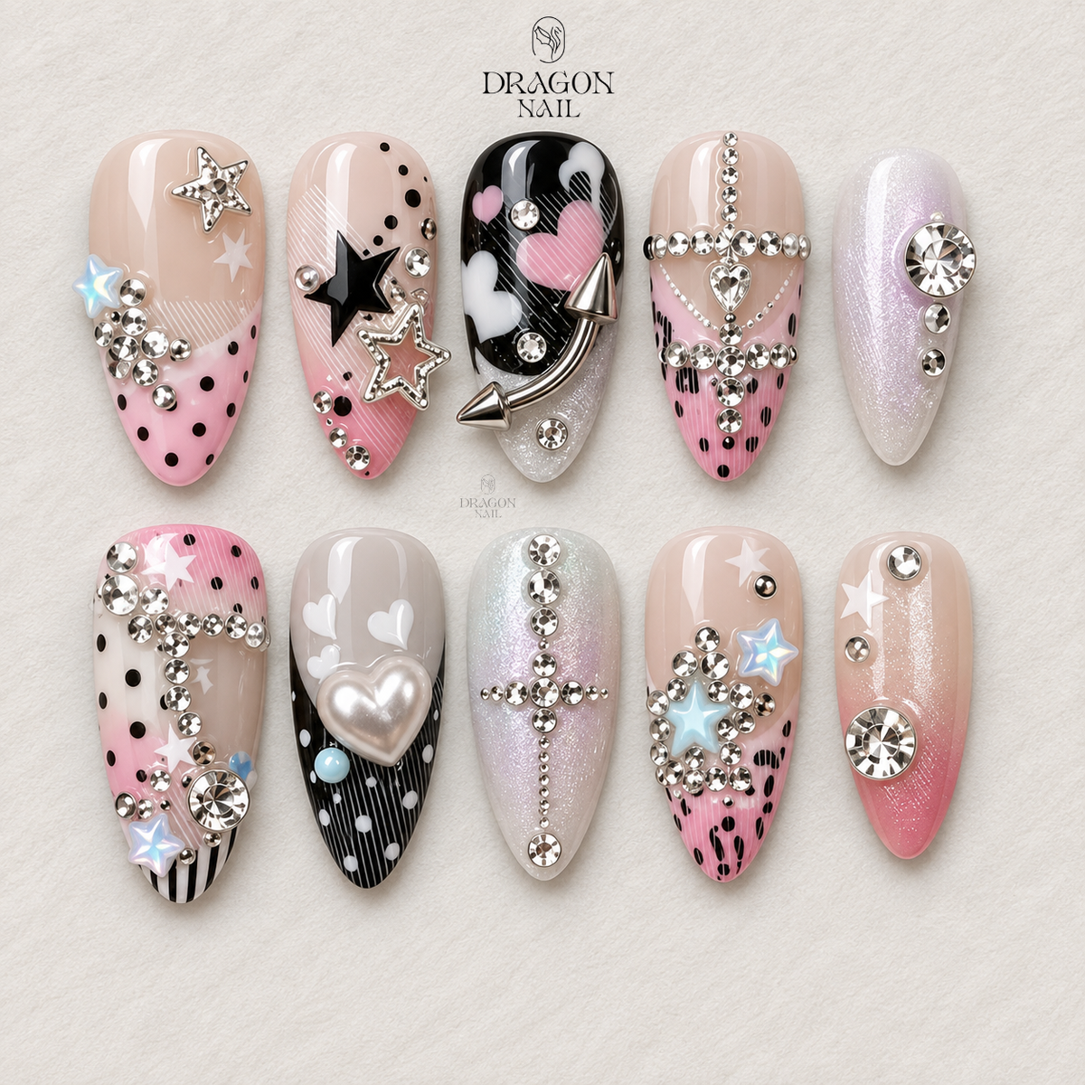 Pink Black Gyaru Y2K Contrast Glam Press On Nails