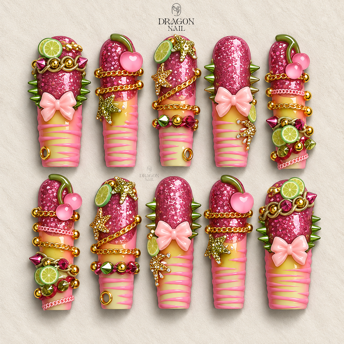 Pink Candy Glitter Press-On Nails, Y2K Fruity 3D Charm Nail Art Set, Limited Edition