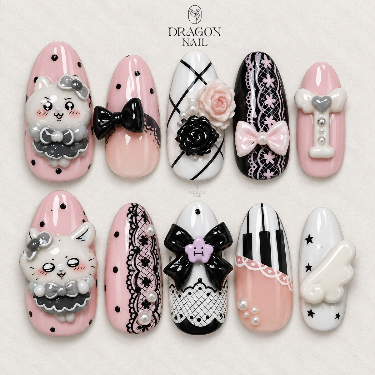 Pink Lace Bunny Charm Coquette Press On Nails