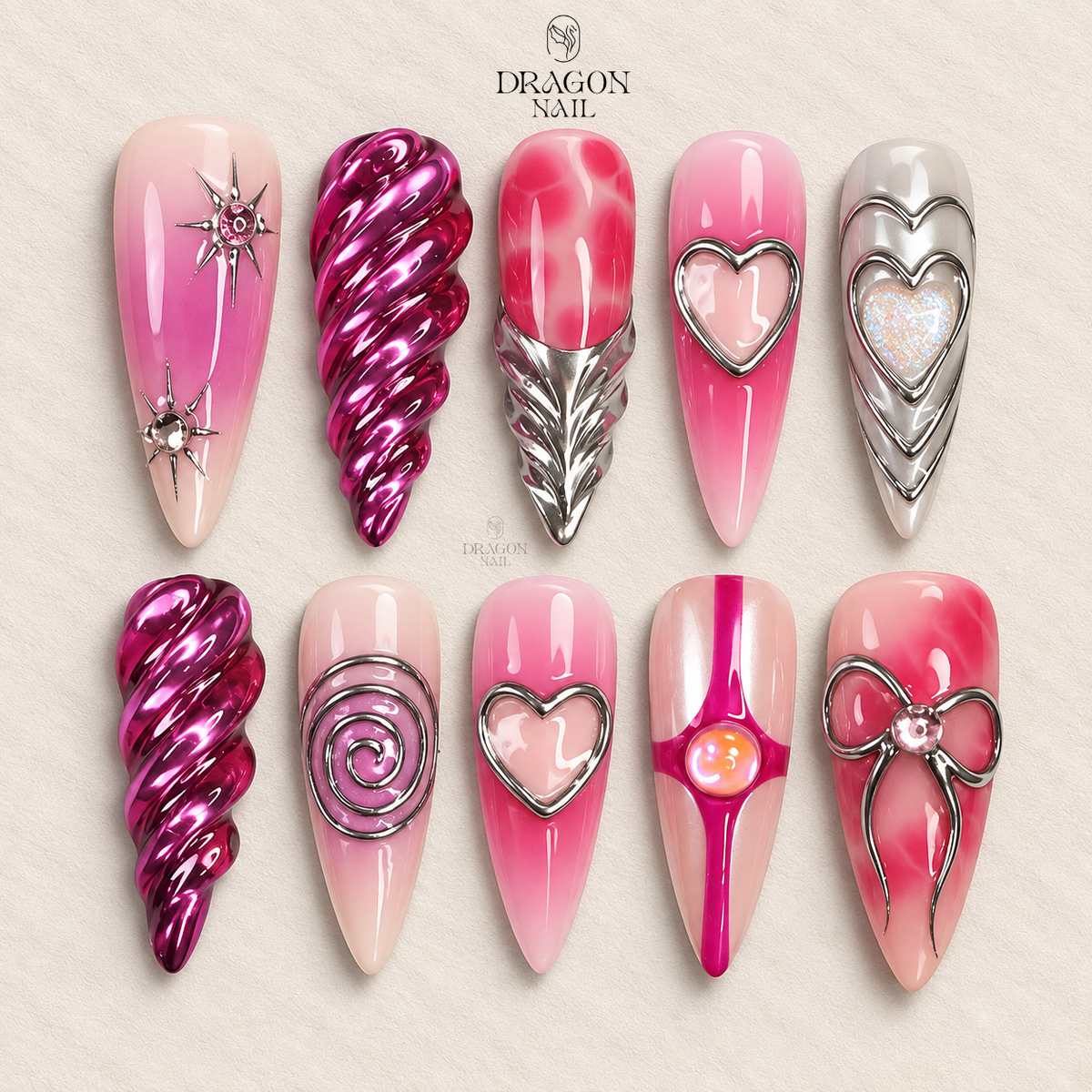 Pink Purple Chrome 3D Fantasy Long Almond Press On Nails