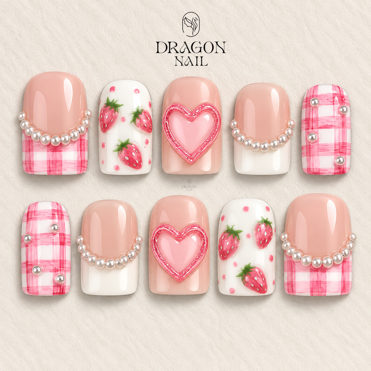 Pink Strawberry Heart Pearl Cute Short Square Press On Nails