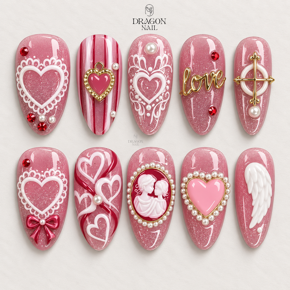 Pink Valentine Angel Press-On Nails, Lace Hearts & Pearl Charms Design