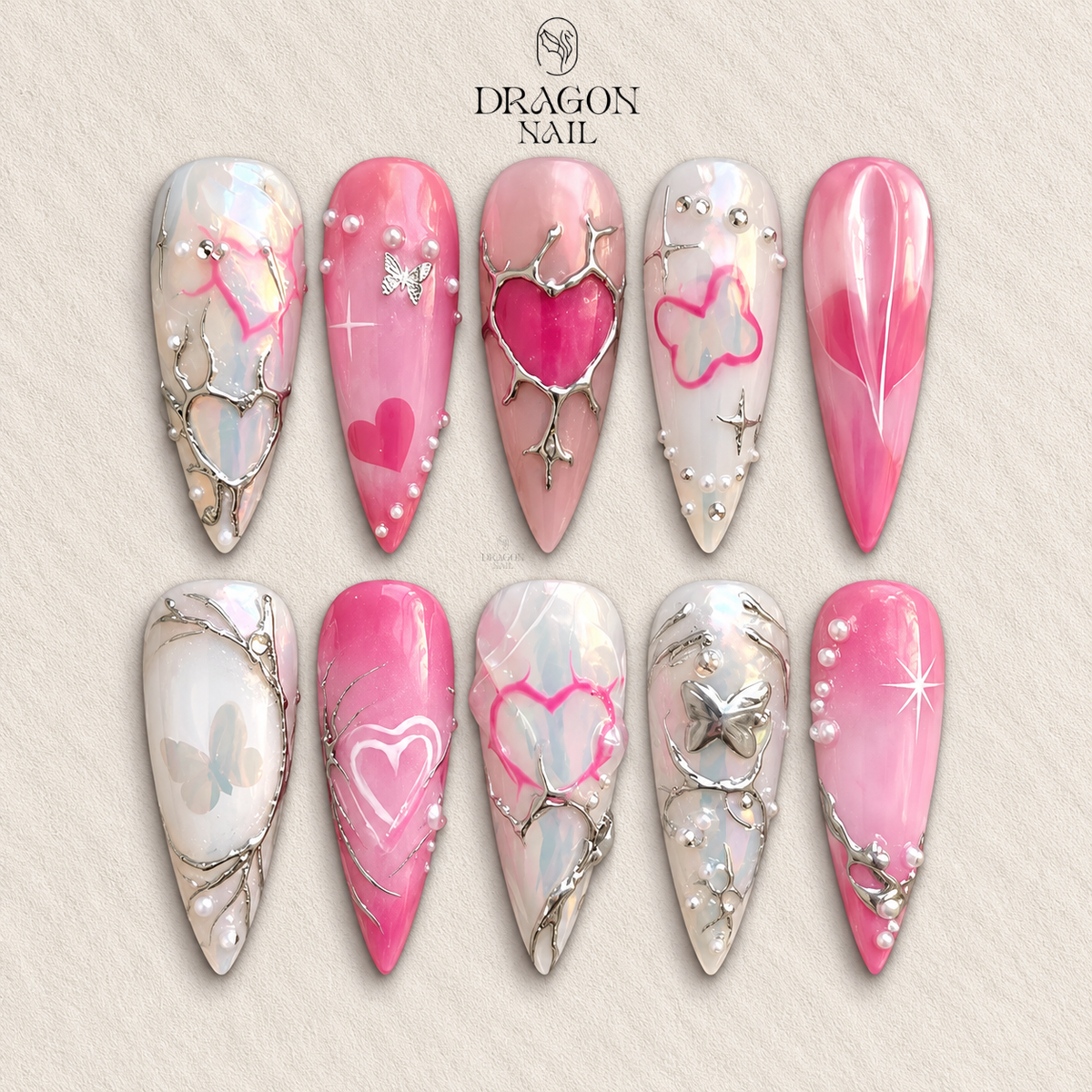 Pink Valentine Heart Nails Chrome Silver Accent Press-On Set
