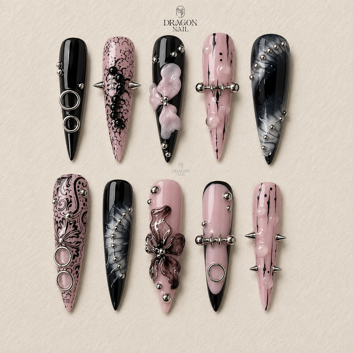 Pink Black Gothic Bow Press On Nails