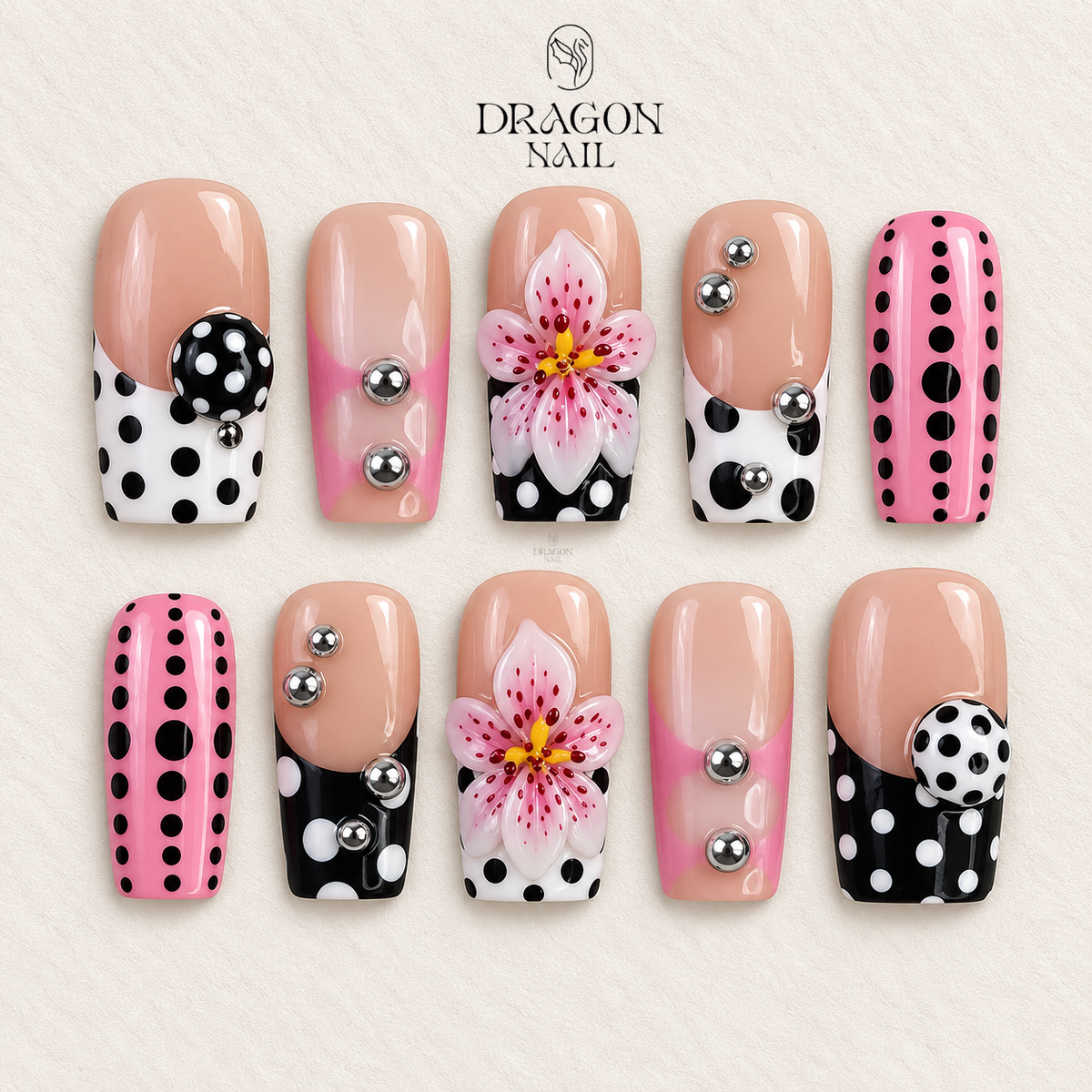 Pink Black Polka Dot 3D Flower Retro Press On Nails