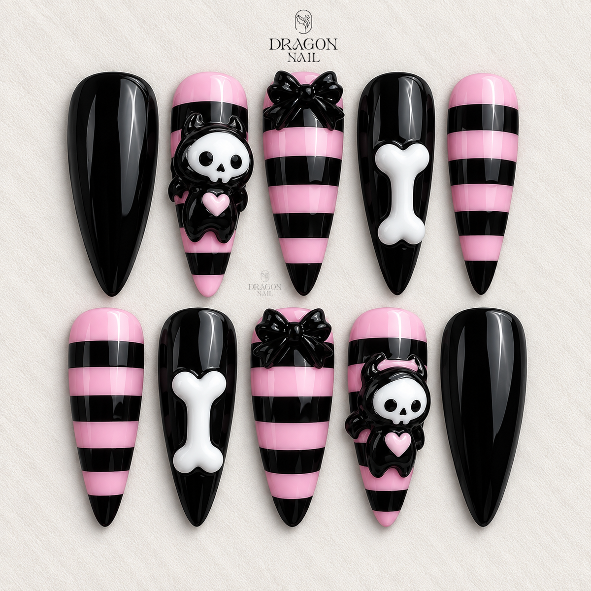 Pink Black Stripe Skeleton Charm Goth Press On Nails