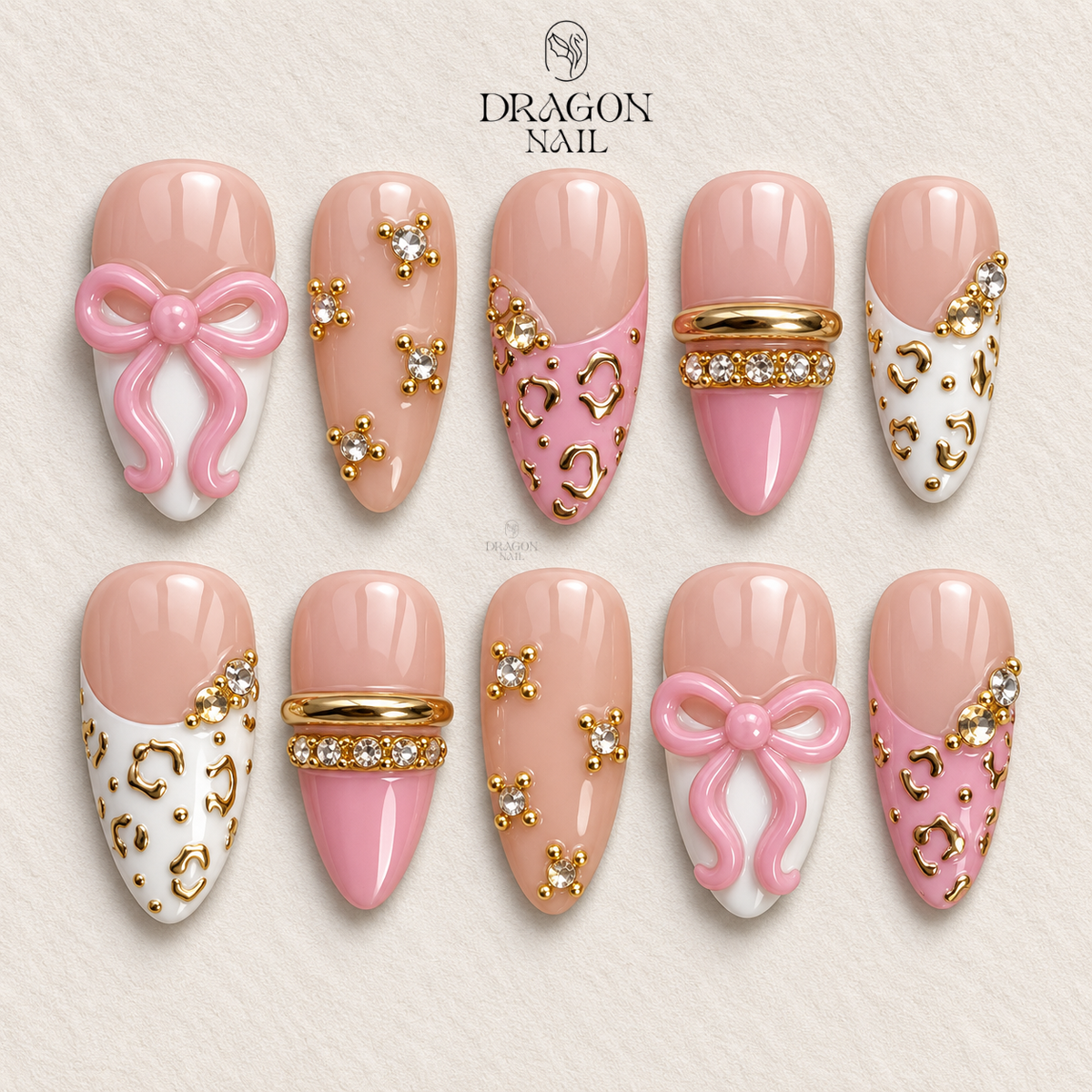 Pink Bow Gold Leopard Elegant Long Almond Press On Nails