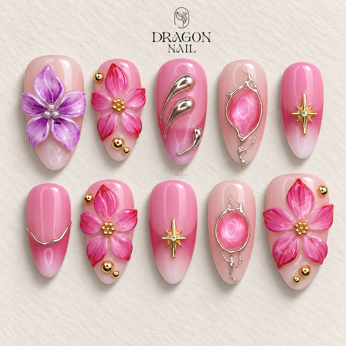 Pink Cat Eye Blossom 3D Elegant Press On Nails