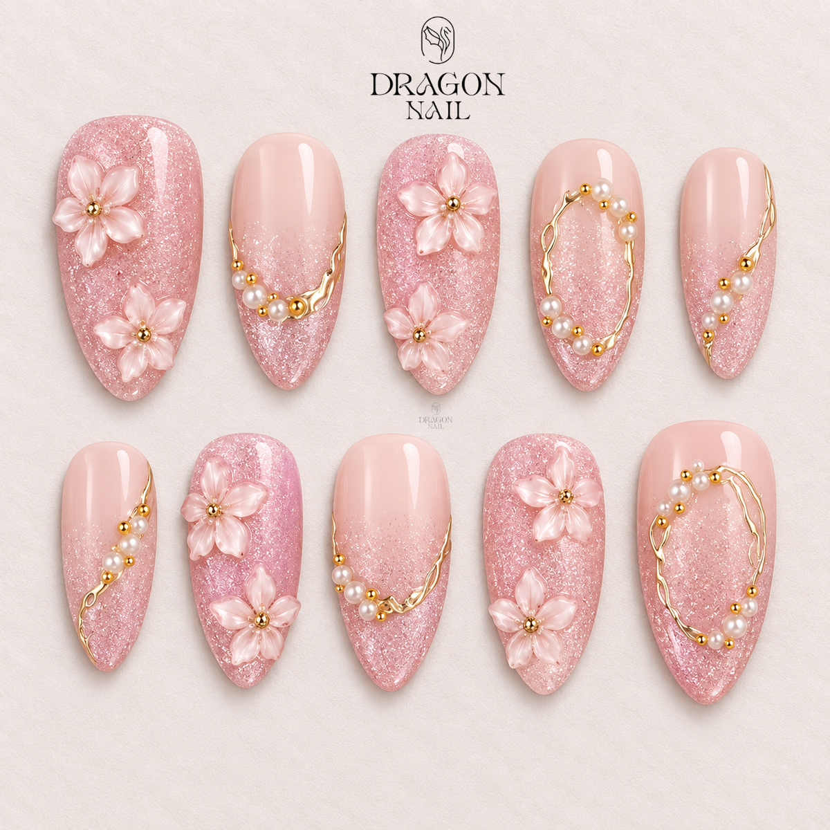 Pink Cat Eye Floral Gold Accent Elegant Press On Nails