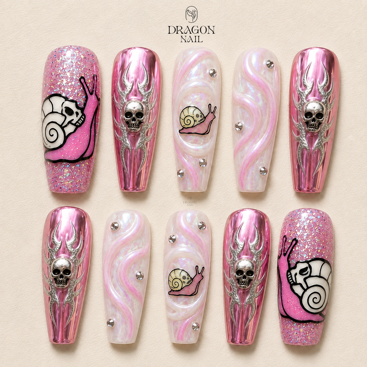 Pink Chrome Coquette Skull Charm Stiletto Press On Nails