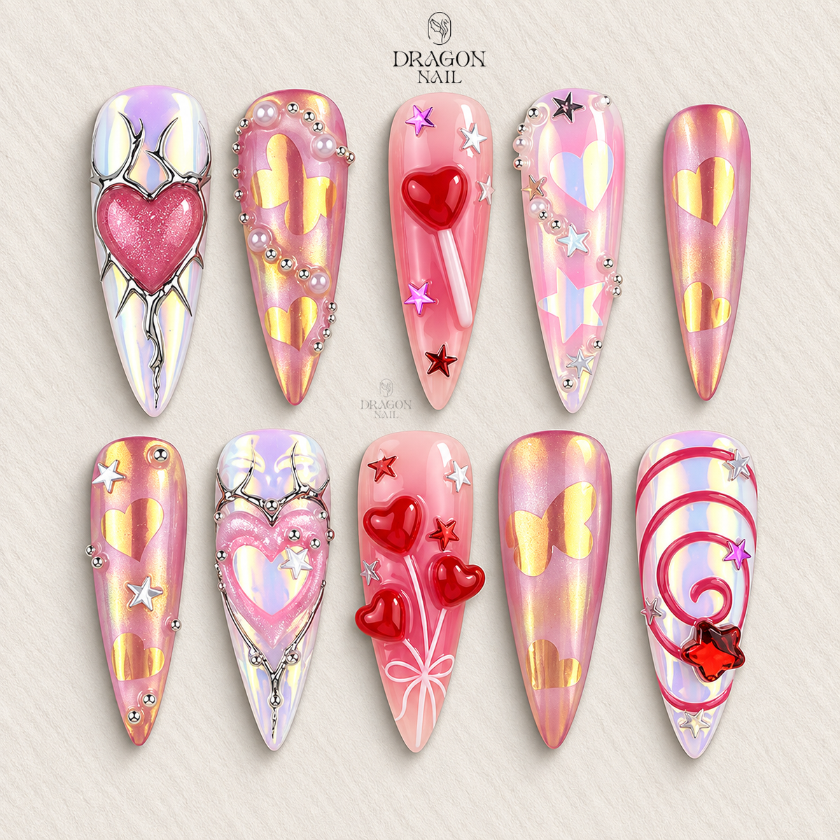 Pink Chrome Heart Star Iridescent Long Almond Press On Nails
