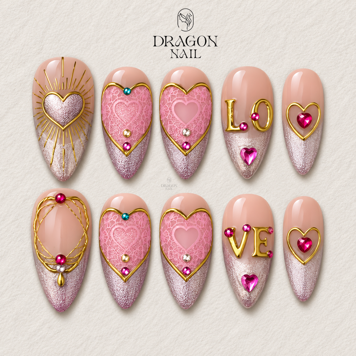 Pink Gold Valentine Press-On Nails, Lace Heart Design & Crystal Love Charms