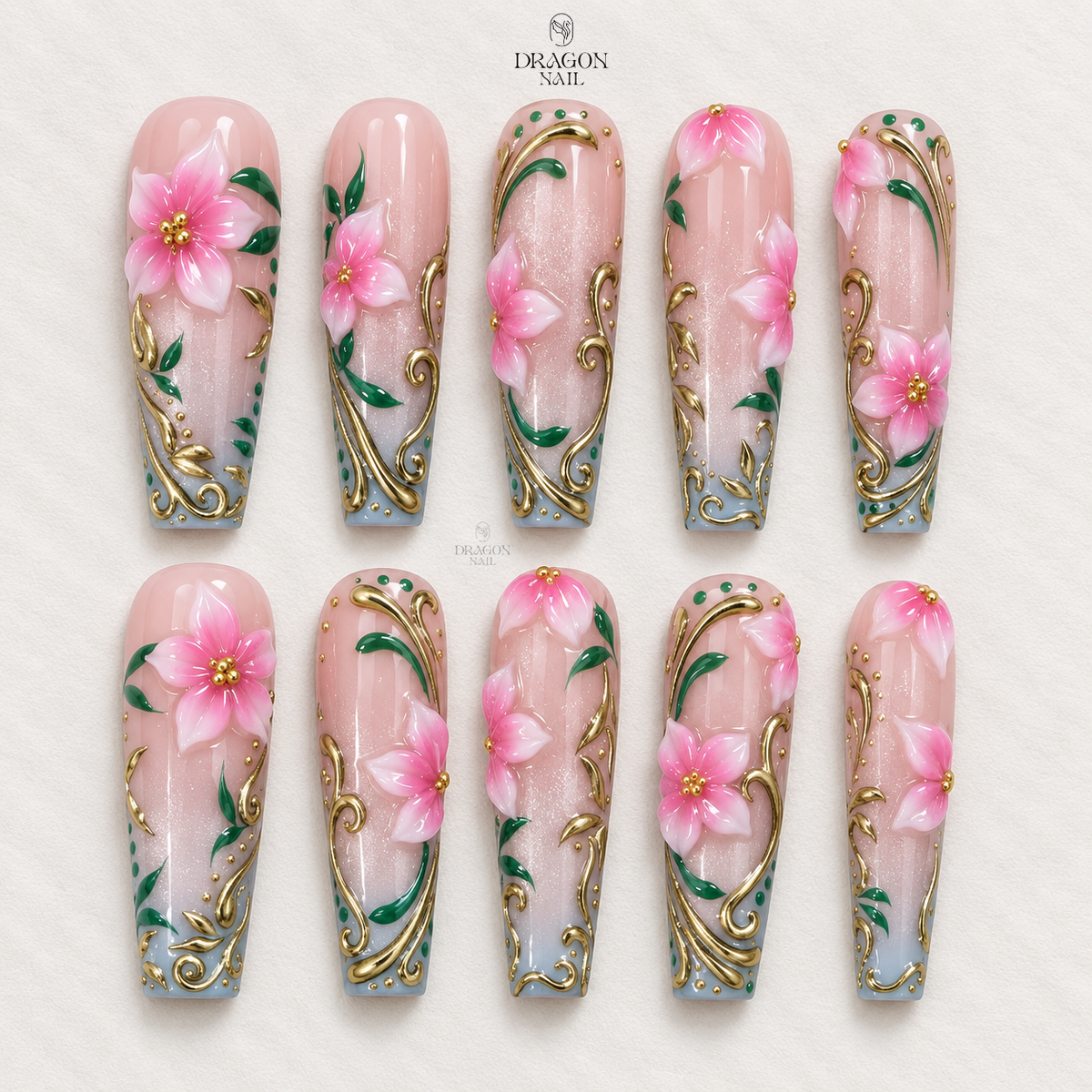 Pink Sculpted Floral Metal Accent XL Square Press On Nails