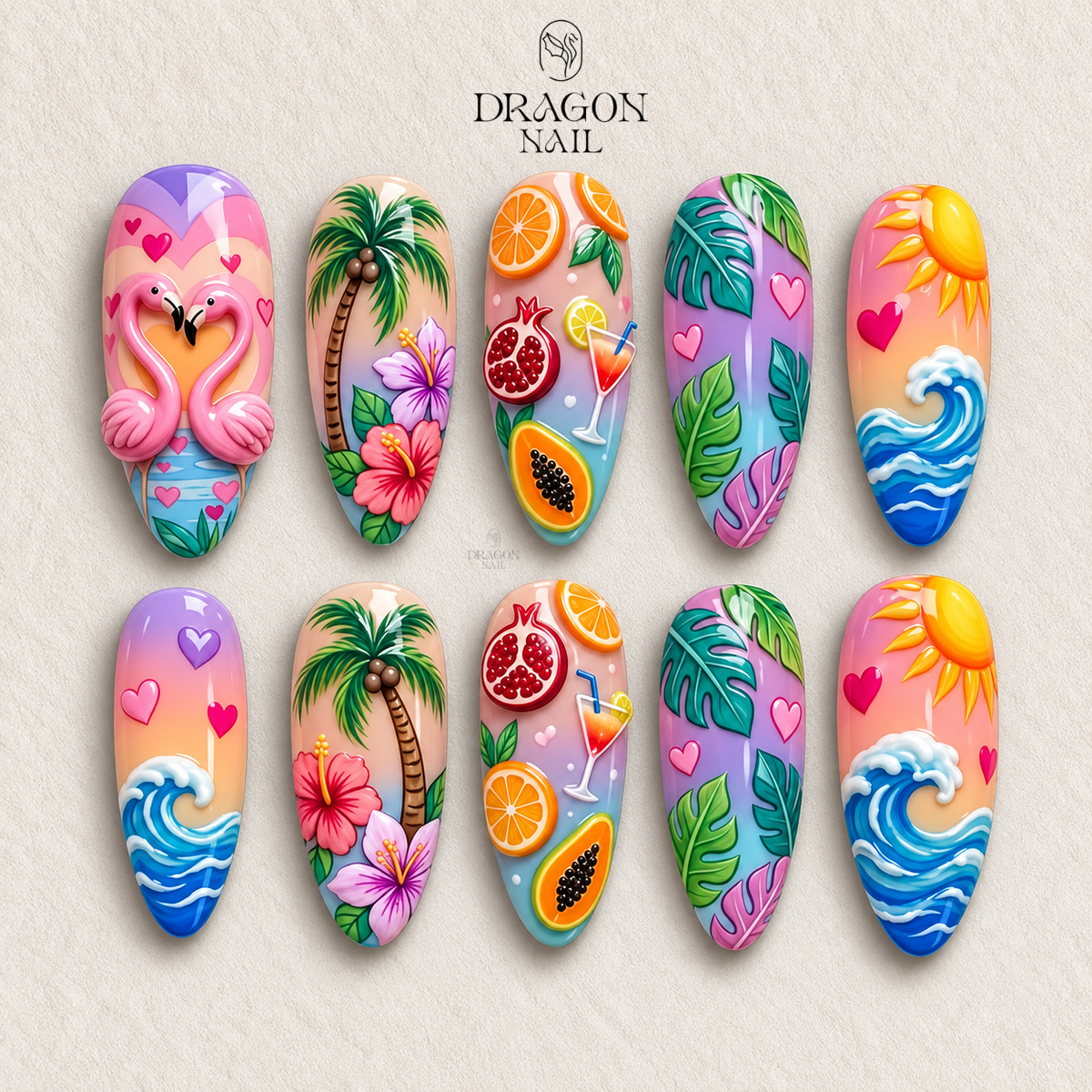 Playful Sunset Ombre Tropical 3D Press On Nails