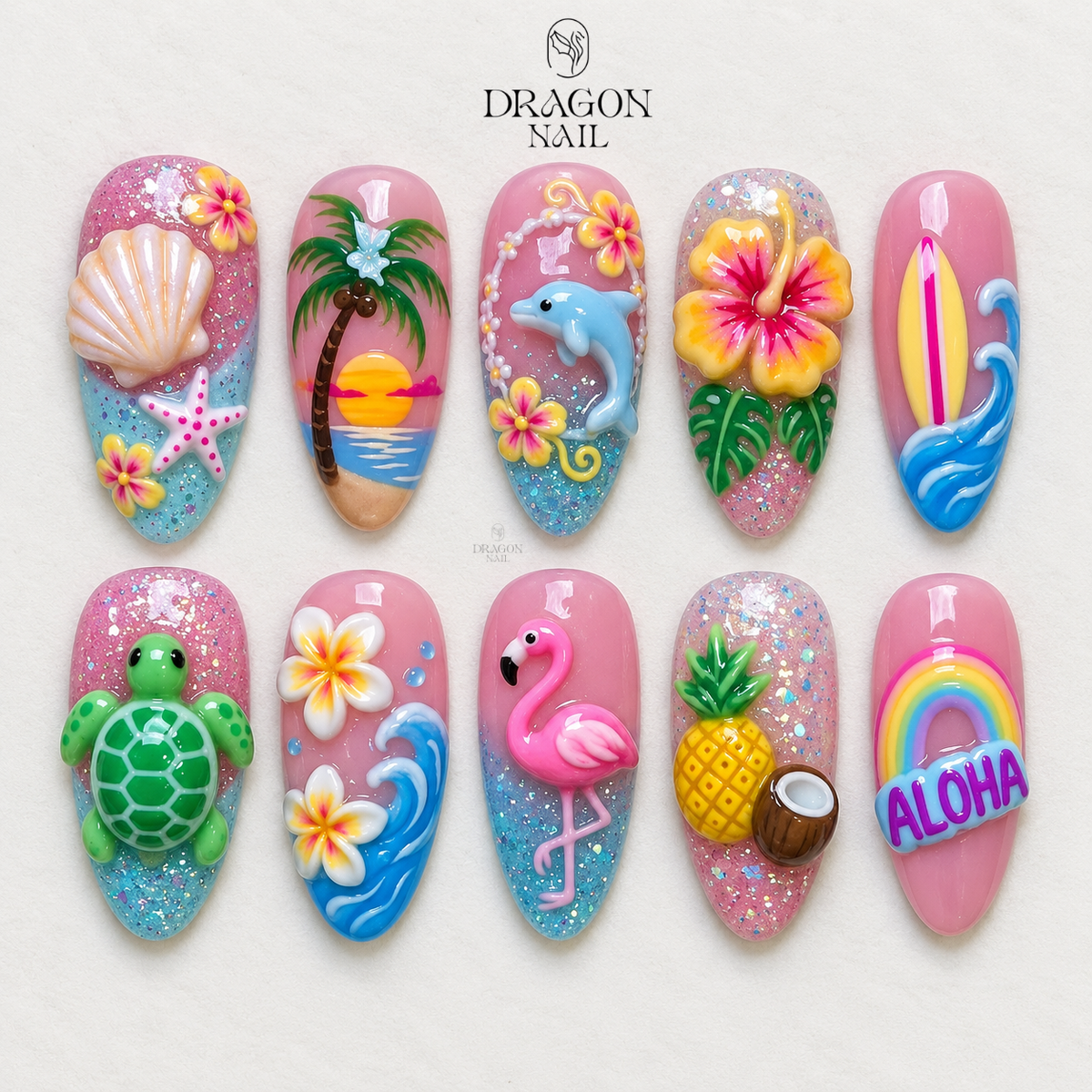 Playful Tropical Beach 3D Press On Nails