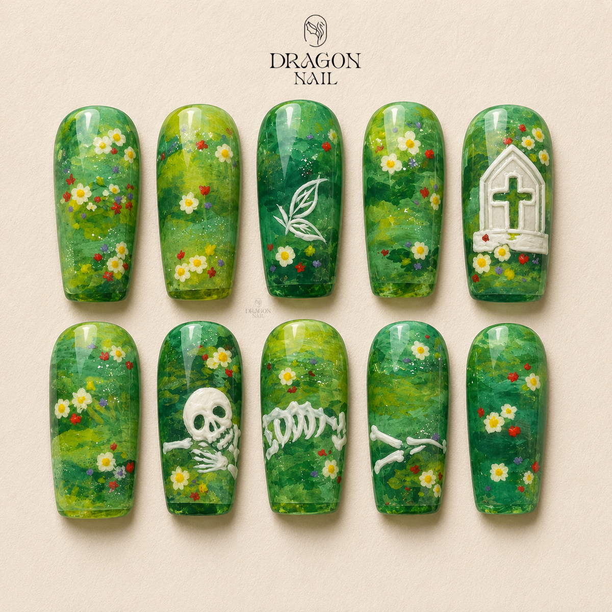 Poetic Graveyard Skull Grassland Hand Painted Statement Press On Nails