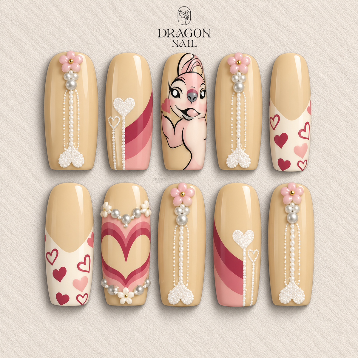 Princess Belle Nails, Pink Beige Heart Press-On Set, Limited Edition Valentine's Design