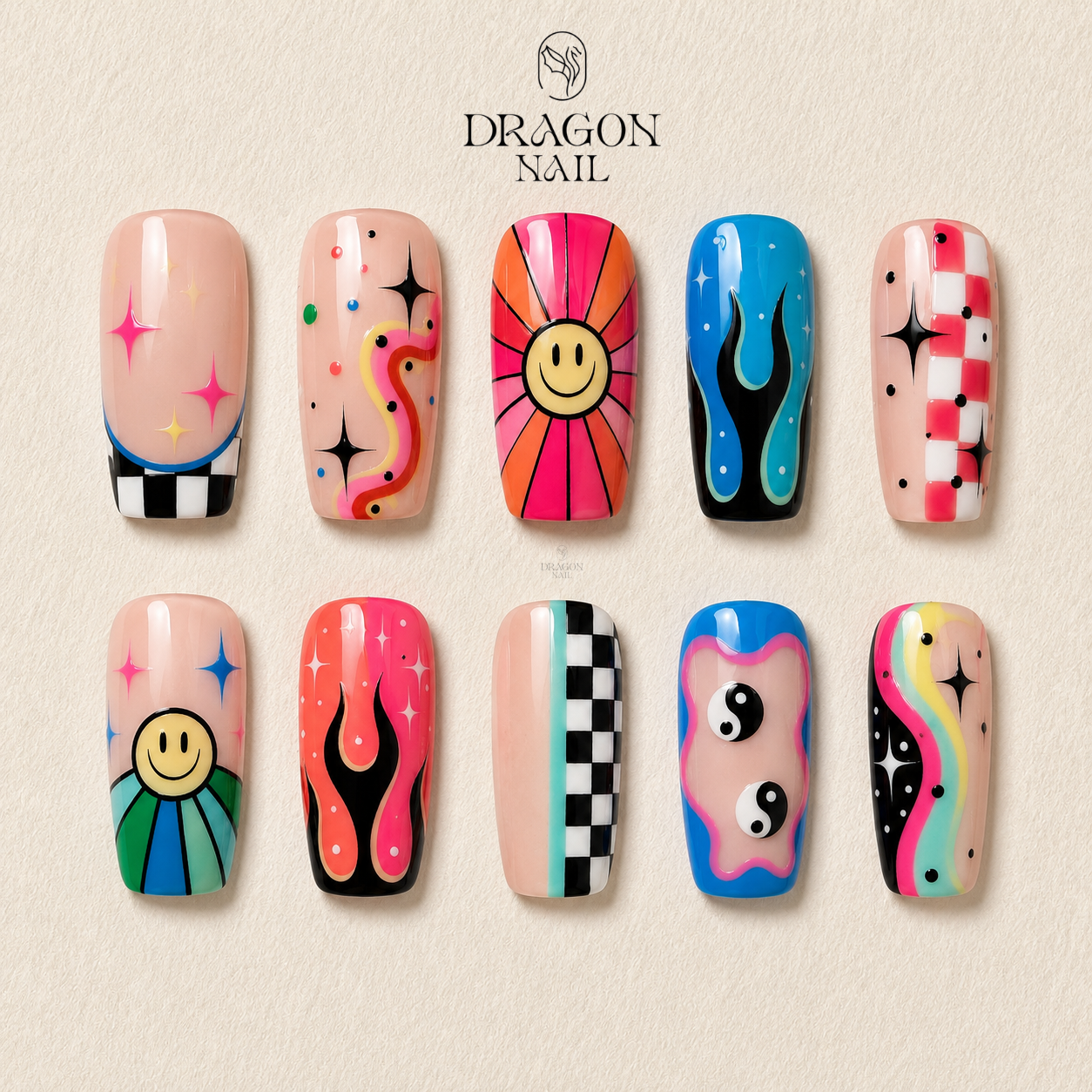 Psychedelic Neon Retro Swirl Trippy Abstract Press On Nails