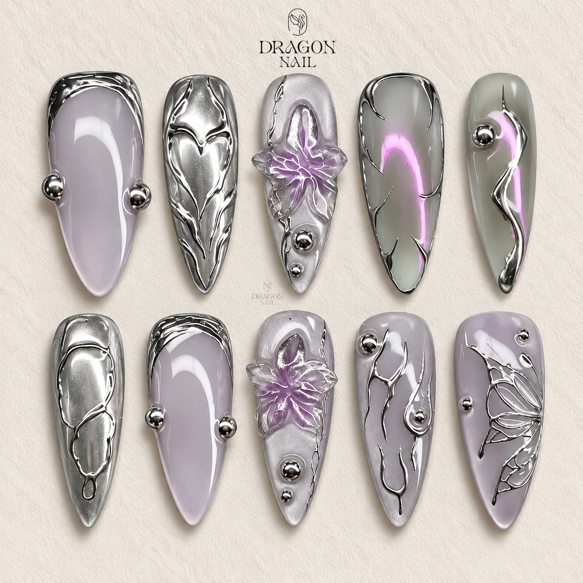 Purple Cat Eye Floral Chrome 3D Press On Nails