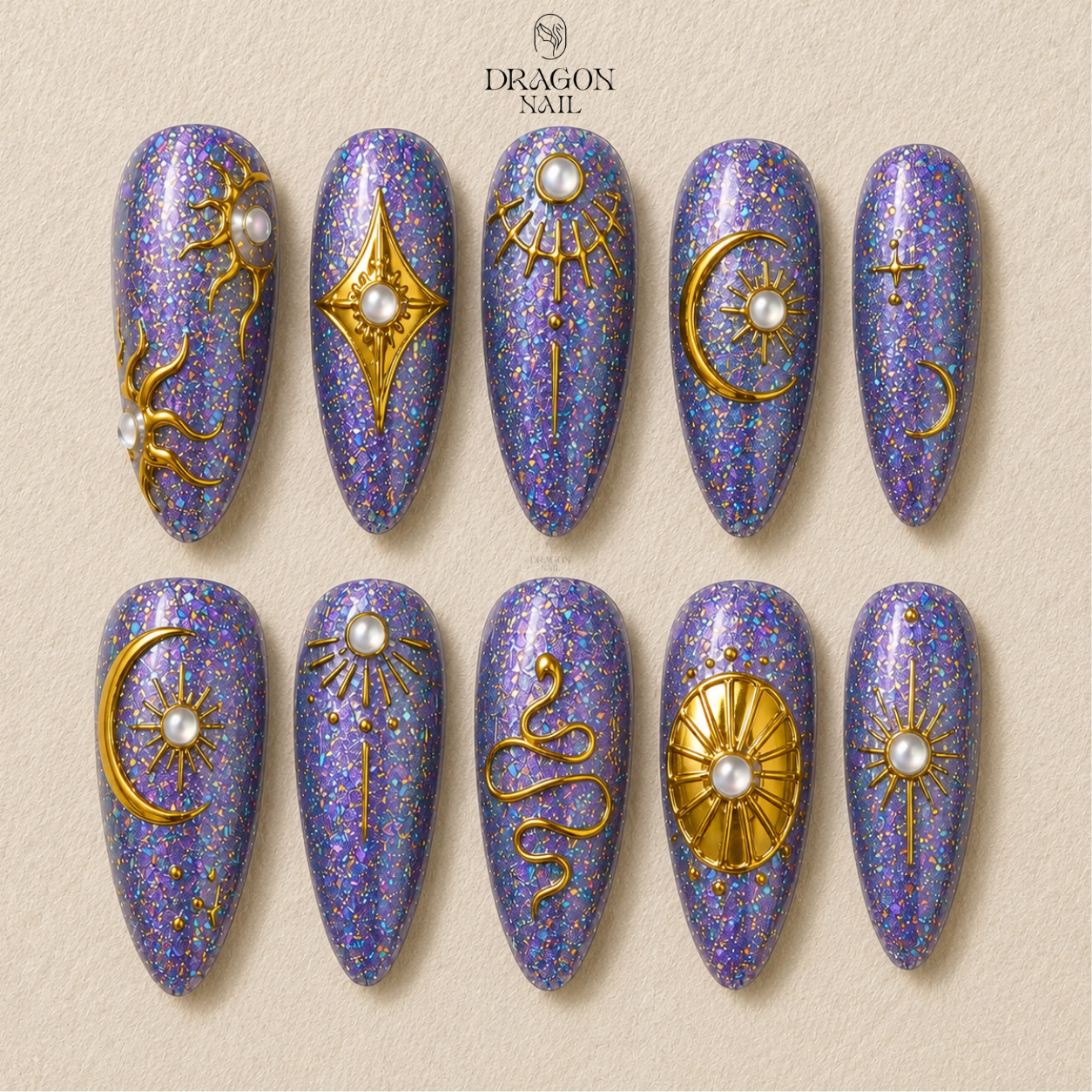 Purple Cat Eye Gold Celestial Charm Press On Nails