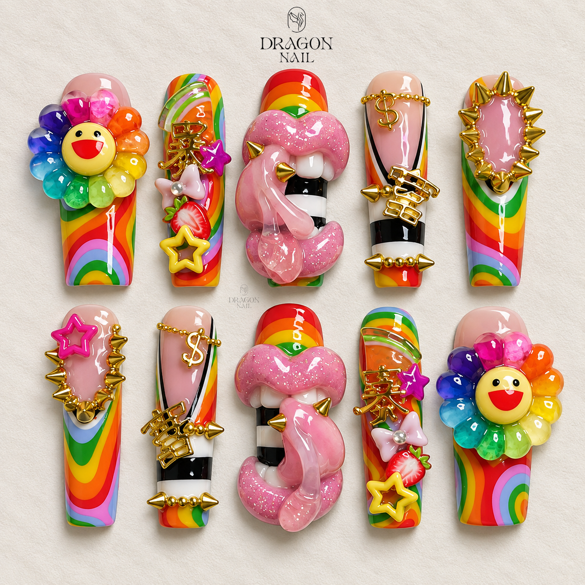 Rainbow Kawaii Nails, 3D Smile Flower Press-On Set With Gold Charms, Y2K Sweetcore Vibes, Limited Edition
