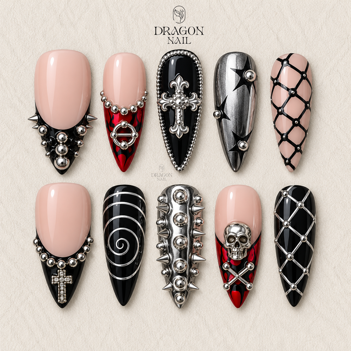 Red Black Gothic Punk Cross Skull 3D Stiletto Press On Nails