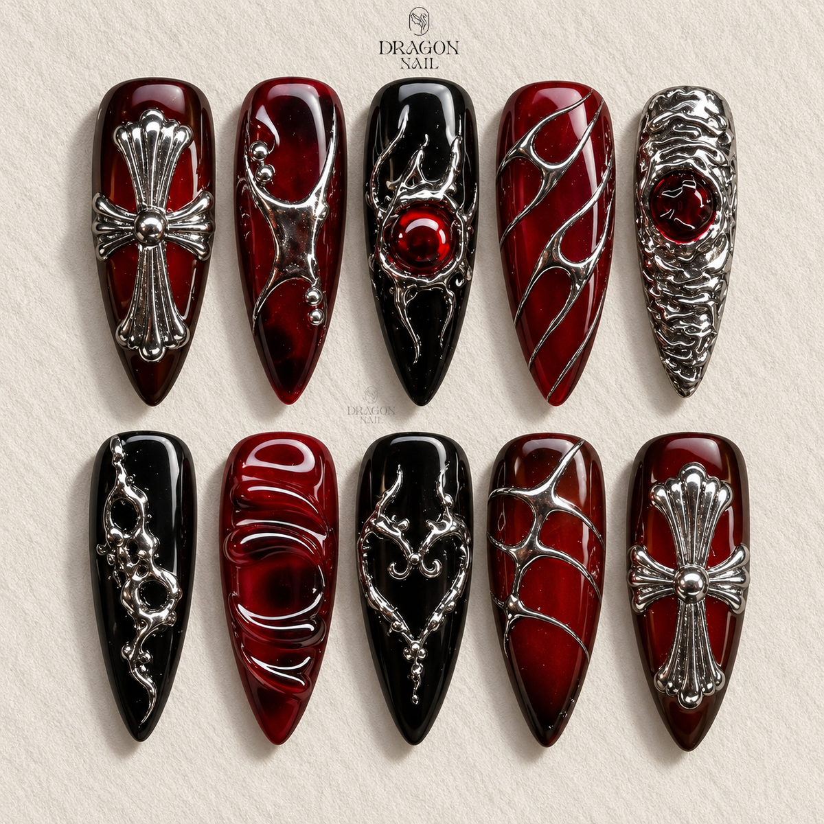 Red Black Ombre Web Chain 3D Gothic Stiletto Press On Nails