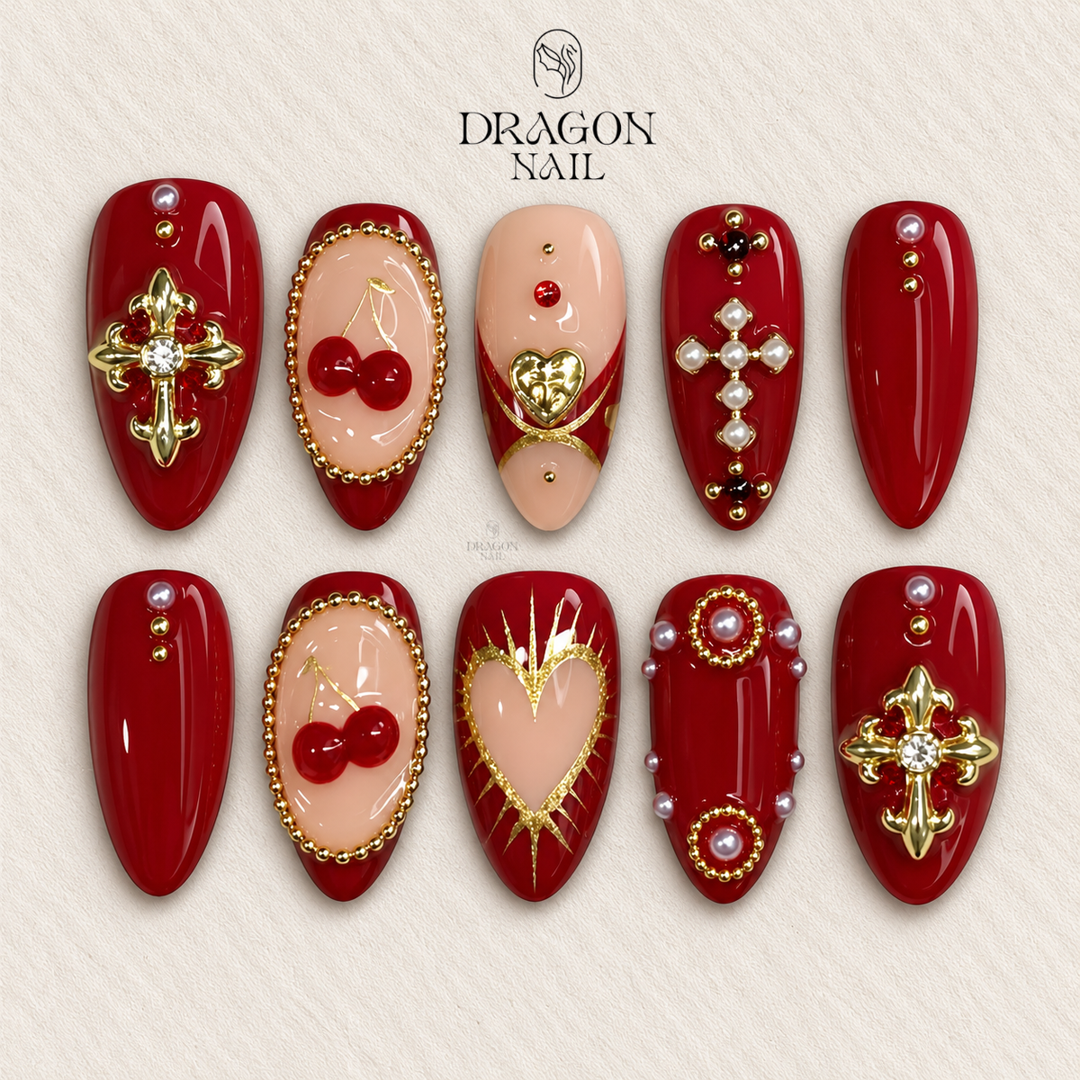 Red Cherry Heart Nails, Gold Cross & Pearl Gothic Press-On Set, Limited Edition