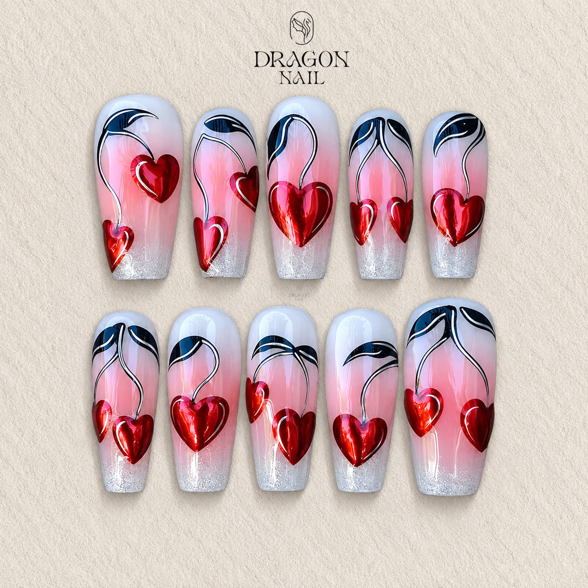 Red Chrome Heart Nails, Pink Ombre Valentine Press-On Set, Limited Edition