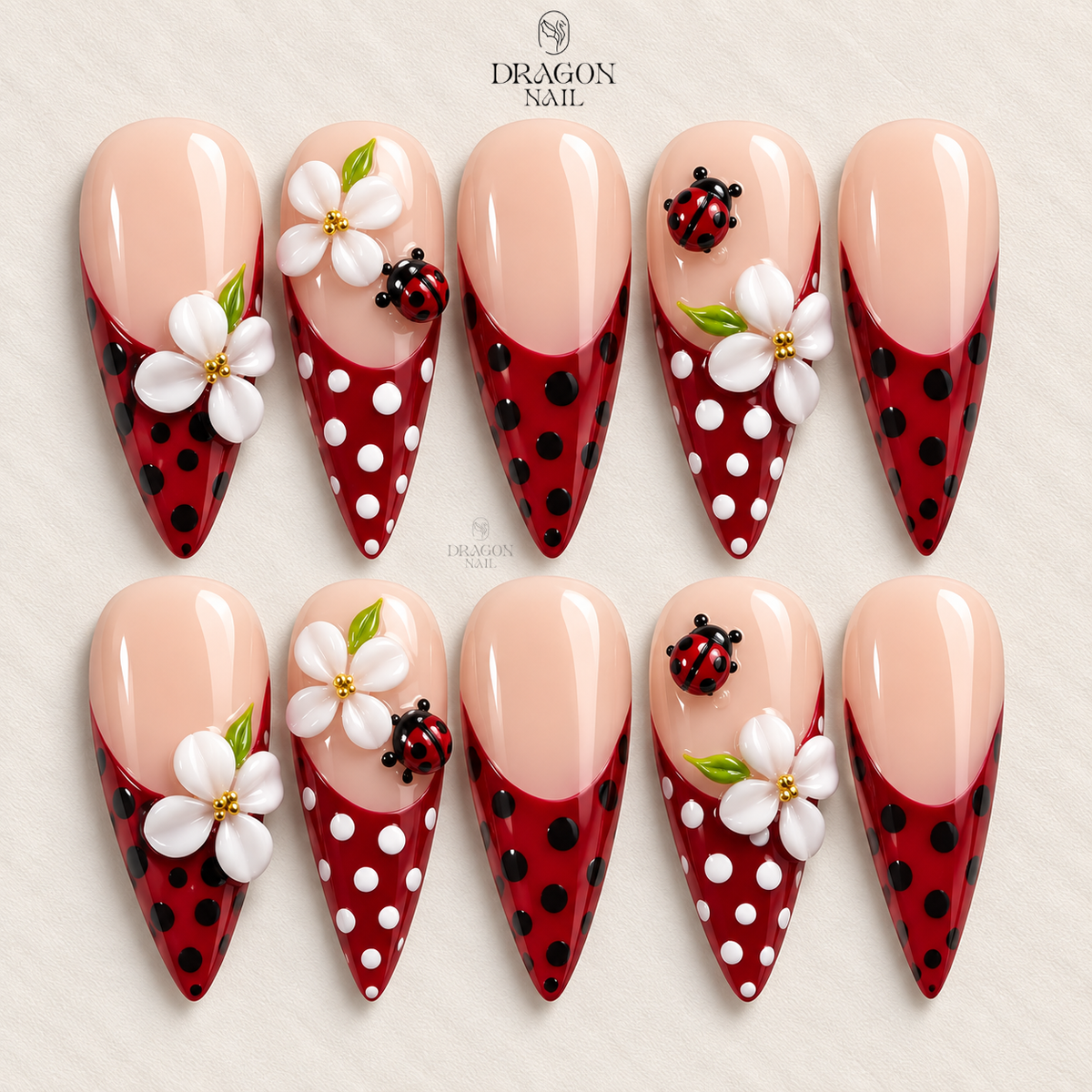 Red French Tip Ladybug Floral 3D Almond Press On Nails