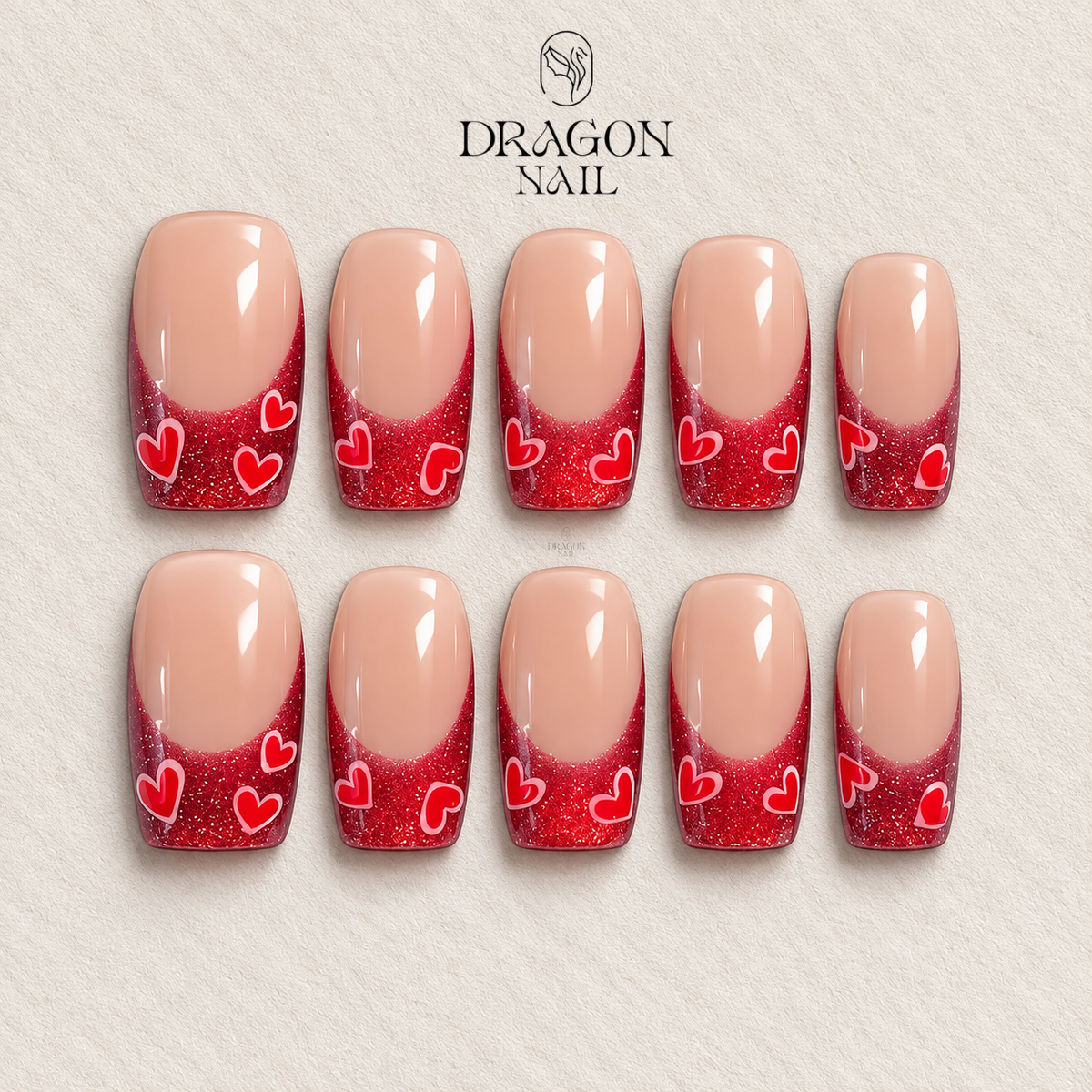Red Heart Glitter French Tips, Valentine Press-On Nails