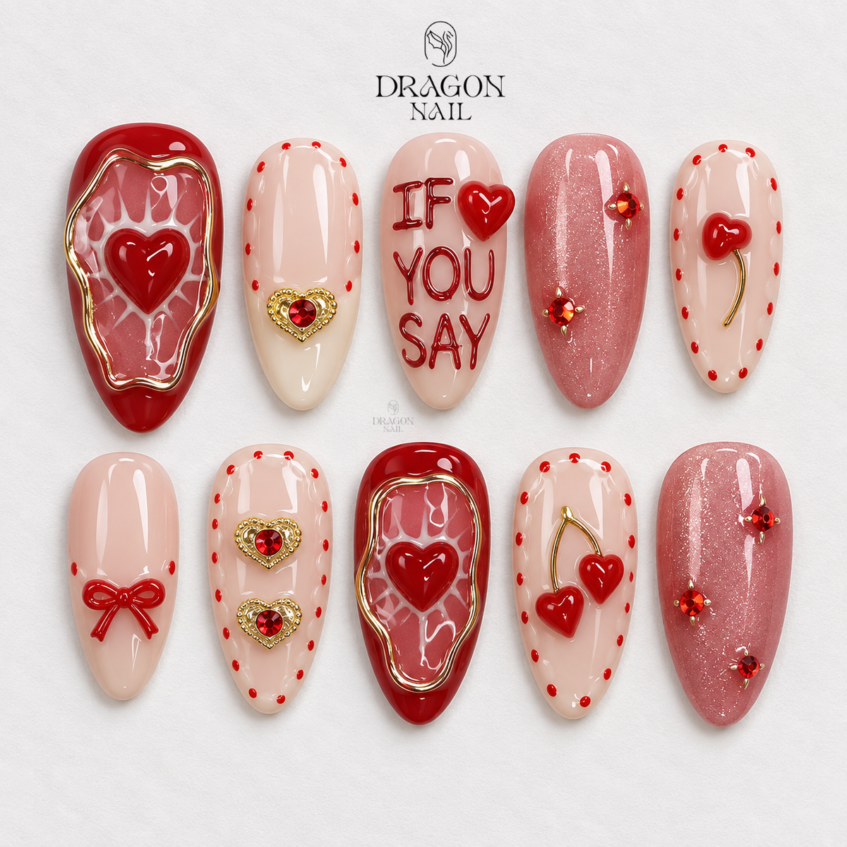 Red Nude Heart Gold Accent Romantic Almond Press On Nails