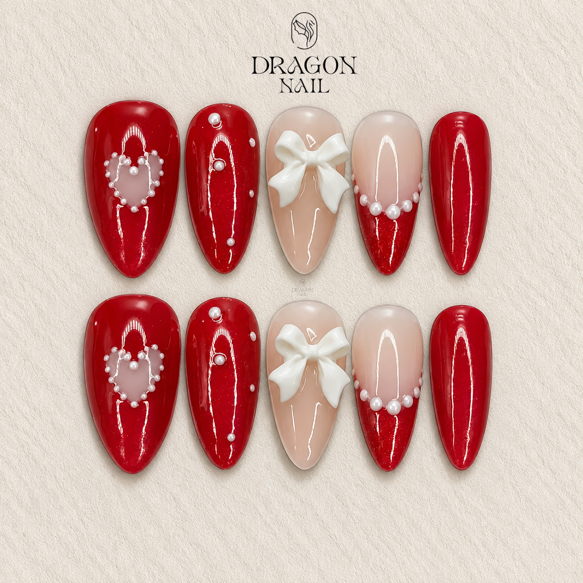Red Valentine Nails, Pearl Heart & White Bow Press-On Set, Limited Edition